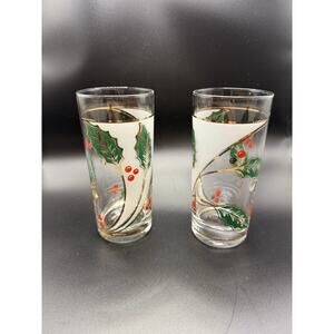 Set Of 2 Vintage MCM Signed Culver High Ball Holly Glass Tumblers